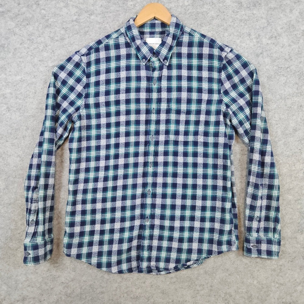 American Eagle Men's Blue & Green Plaid Flannel Size L Shirt 100% Cotton Heavy